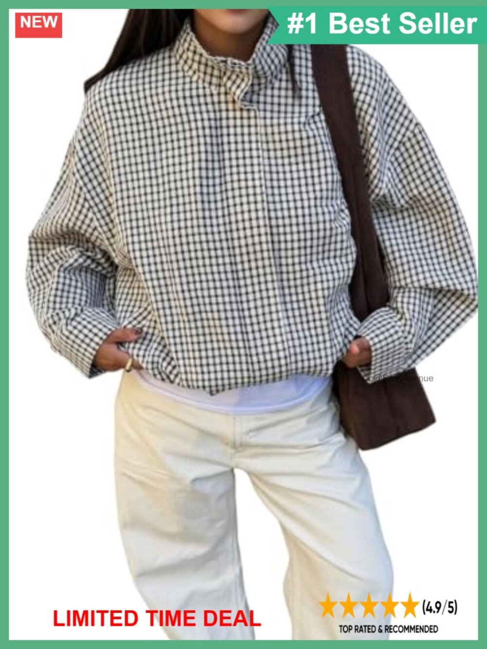 Plaid Windbreaker Jacket Stand Collar Full Zip Lantern Sleeve Loose Fit Women